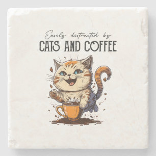 Easily Distracted By Cats And Coffee Cat Lovers Co Stone Coaster