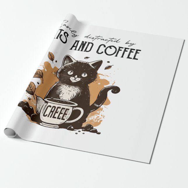 Easily Distracted By Cats And Coffee Cat Lovers Co Wrapping Paper (Unrolled)