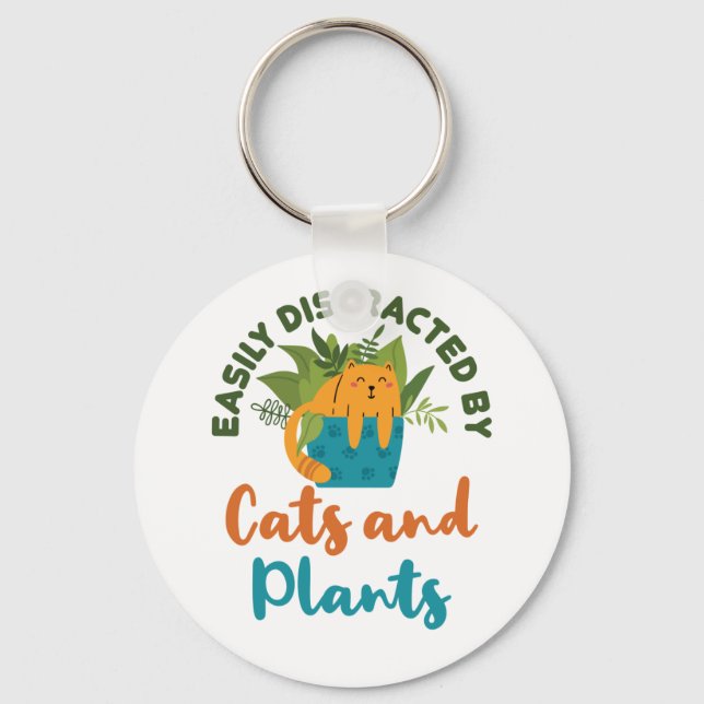 Easily Distracted by Cats and Plants Cat Lover Key Ring (Front)