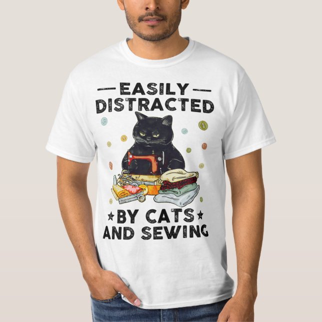 Easily Distracted By Cats And Sewing, Black Cat Fa T-Shirt (Front)