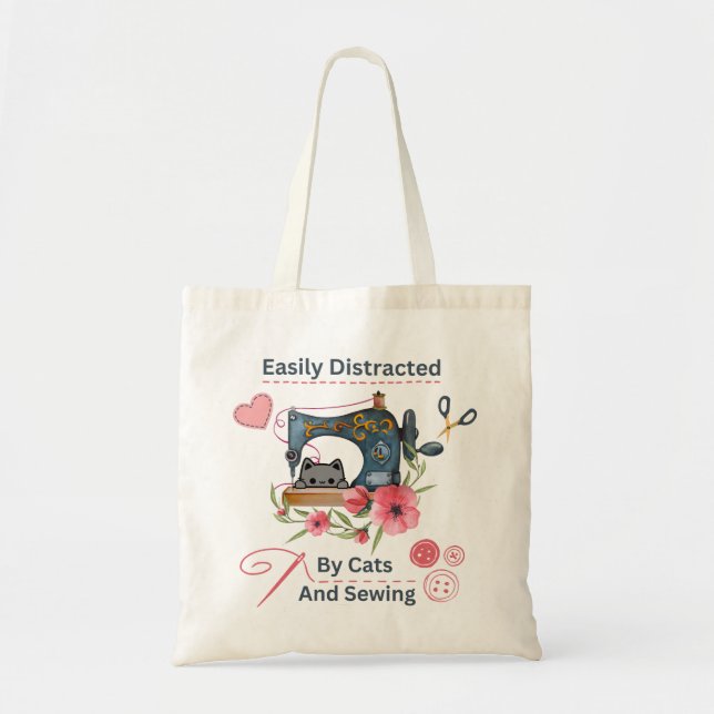 Easily Distracted By Cats And Sewing Machine Lover Tote Bag (Front)