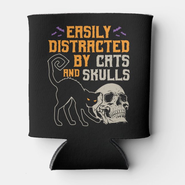 Easily Distracted by Cats and Skulls Halloween Can Cooler (Front)