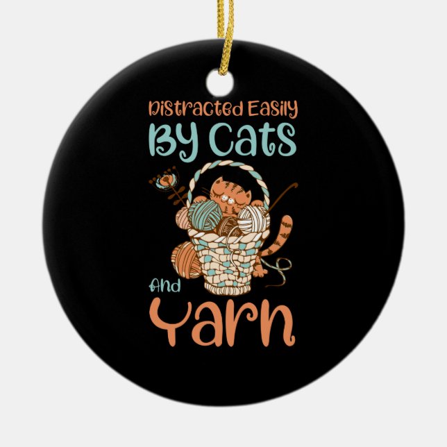 Easily Distracted By Cats And Yarn Knitting Yarn Ceramic Tree Decoration (Front)