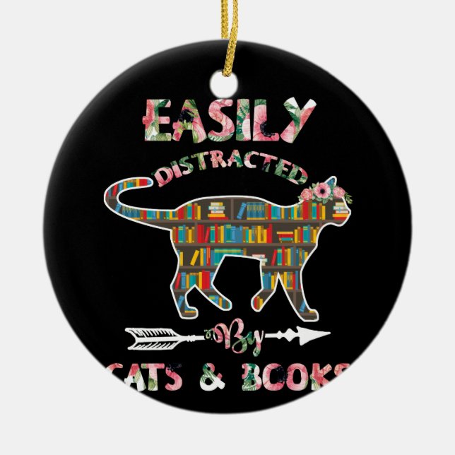 Easily Distracted By Cats Books Ceramic Tree Decoration (Front)