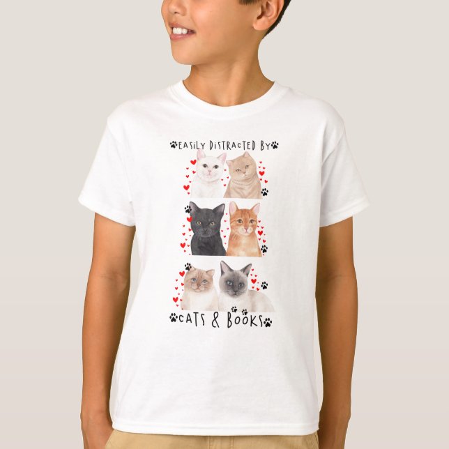 Easily Distracted By Cats & Books T-Shirt (Front)