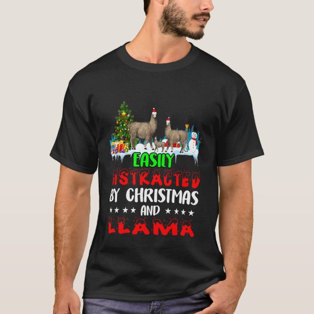 Easily Distracted by Christmas Llama On Snow Xmas  T-Shirt (Front)