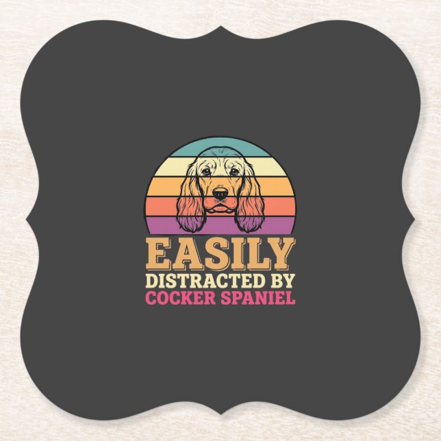 Easily Distracted By Cocker Spaniel Retro Dog Paper Coaster (Front)