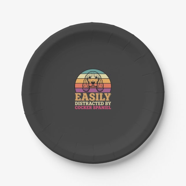 Easily Distracted By Cocker Spaniel Retro Dog Paper Plate (Front)