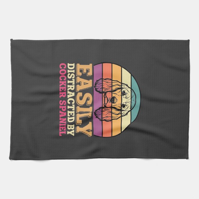 Easily Distracted By Cocker Spaniel Retro Dog Tea Towel (Horizontal)