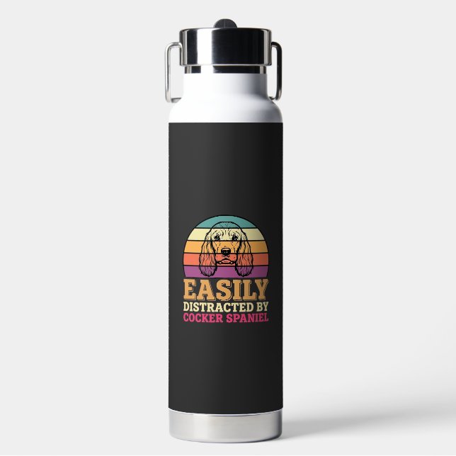 Easily Distracted By Cocker Spaniel Retro Dog Water Bottle (Front)