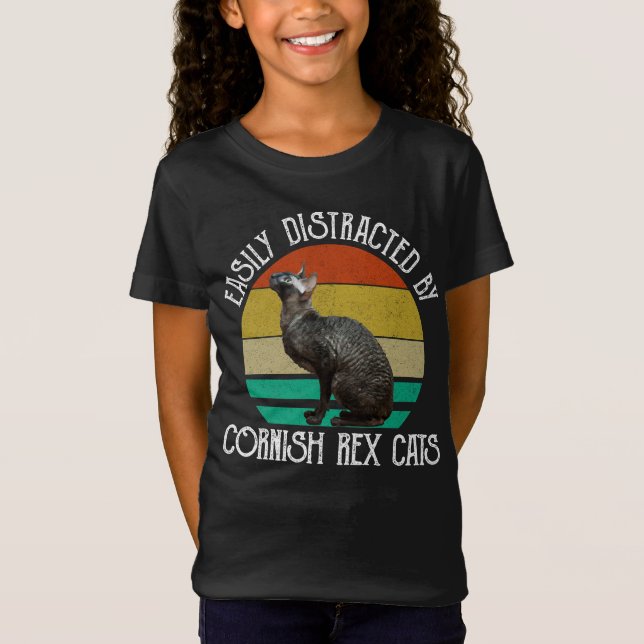 Easily Distracted By Cornish Rex Cats T-Shirt (Front)