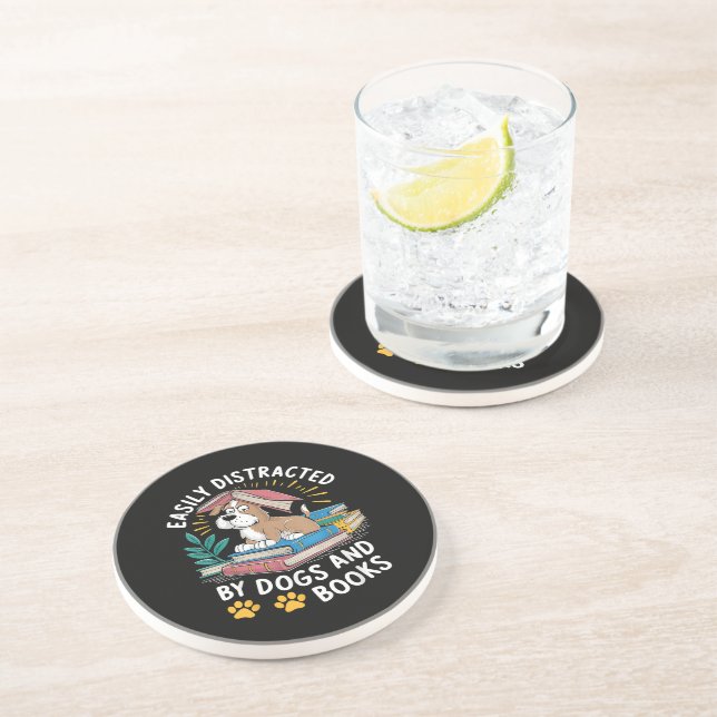 Easily Distracted by Dogs and Books Funny Pets Coaster (Side)