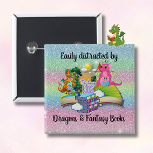 Easily Distracted by Dragons and Fantasy Books 15 Cm Square Badge