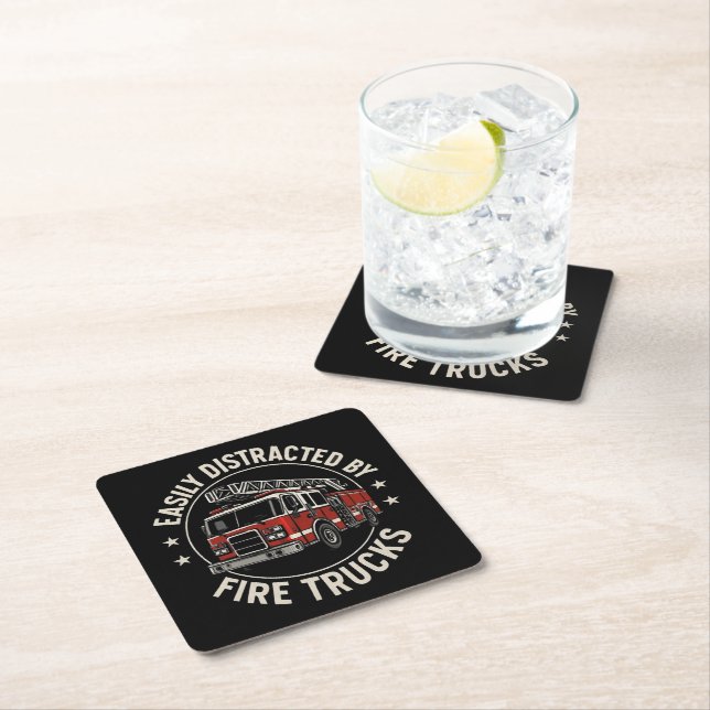 Easily Distracted By Fire Trucks Square Paper Coaster (Insitu)