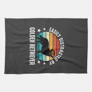 Easily Distracted by Golden Retriever Retro Sunset Tea Towel