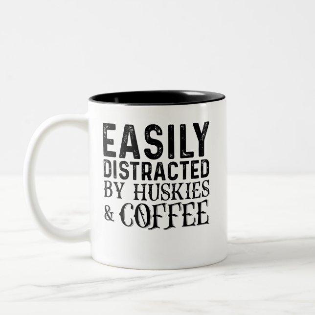 Easily Distracted By Huskies And Coffee Two-Tone Coffee Mug (Left)