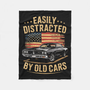 Easily Distracted By Old Clic Car Guy Funny Vintag Fleece Blanket
