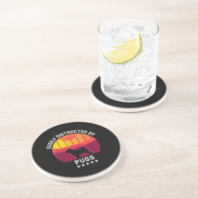 Easily Distracted By Pugs Retro | Pug Dog Lover Coaster (Side)