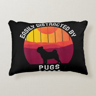 Easily Distracted By Pugs Retro Pug Dog Lover Decorative Cushion