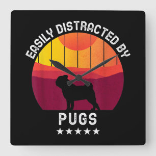 Easily Distracted By Pugs Retro   Pug Dog Lover Square Wall Clock