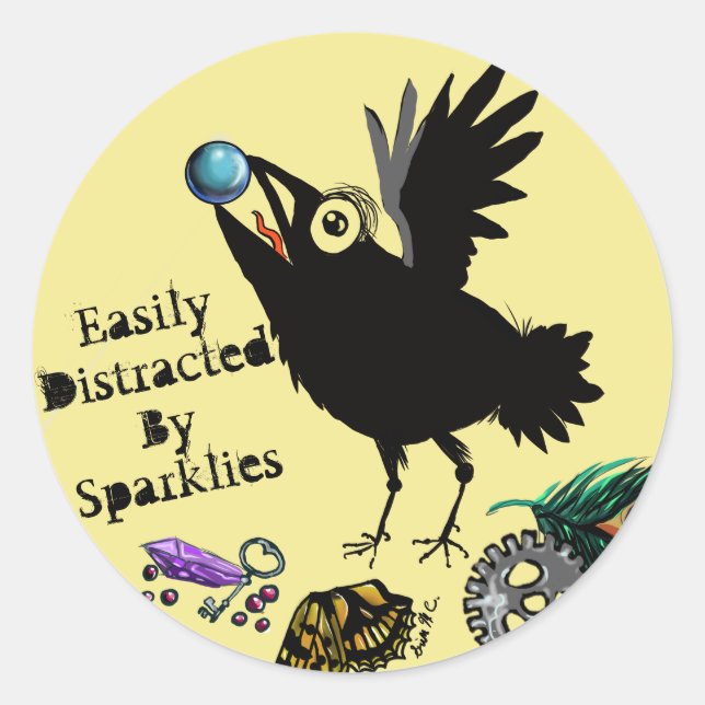 Easily Distracted by Sparklies Raven Classic Round Sticker (Front)