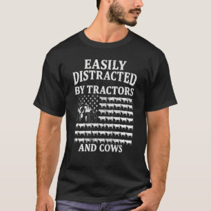 Easily Distracted by Tractors and Cows USA Flag T-Shirt