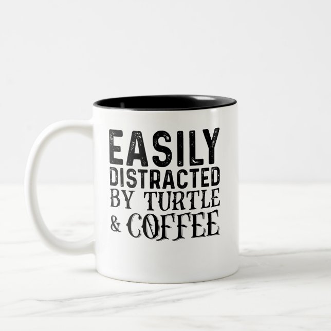 Easily Distracted By Turtle And Coffee Two-Tone Coffee Mug (Left)