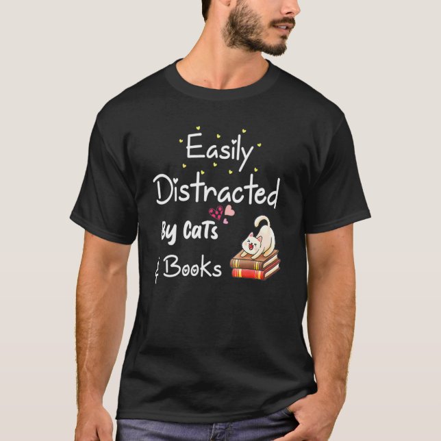 Easily Distracted Cat And Book T-Shirt (Front)