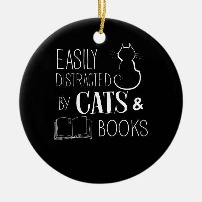 Easily Distracted Cats And Books Ceramic Tree Decoration (Front)