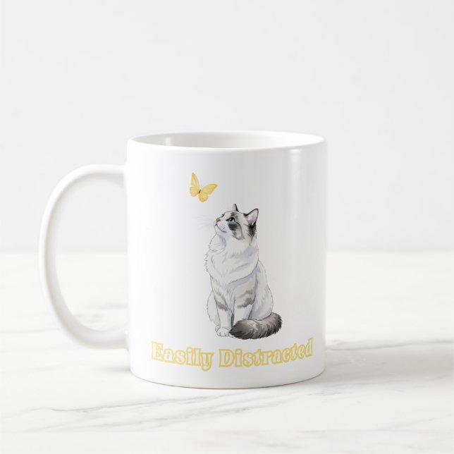 Easily Distracted Cute Cat & Butterfly Design Coffee Mug (Left)