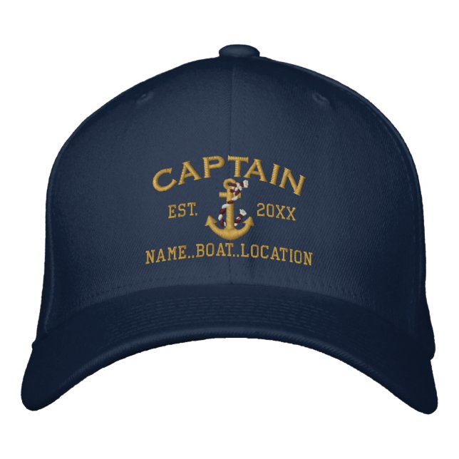 Easily Personalised Captain Nautical Rope Anchor Embroidered Hat (Front)