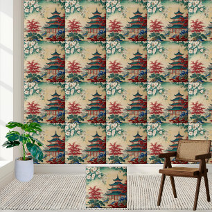 East Asian Inspired Pagoda Garden Chinoiserie Tile