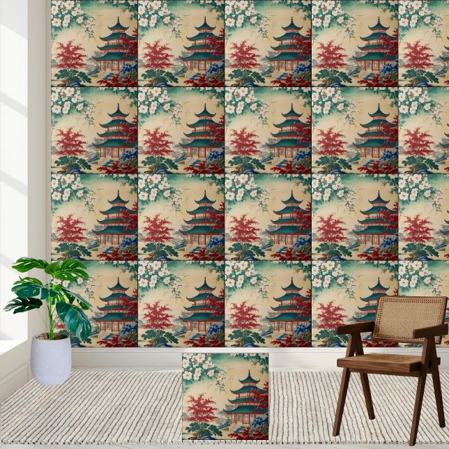 East Asian Inspired Pagoda Garden Chinoiserie Tile (East Asian Inspired Pagoda Garden Chinoiserie Tile)