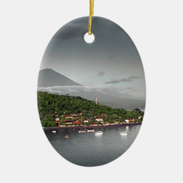 East Bali coastline and Mount Agung Ceramic Tree Decoration (Front)