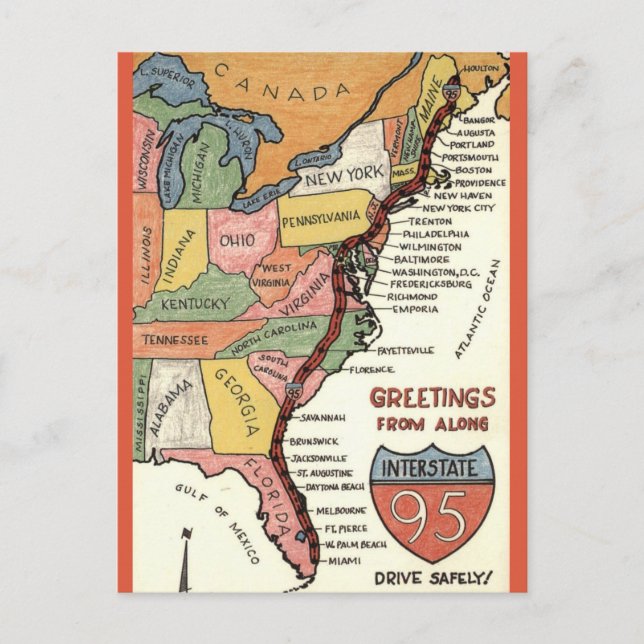 East Coast Hand-Coloured Map Postcard (Front)