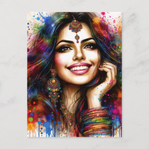 East Indian Beauty Colourful Festival Art Postcard