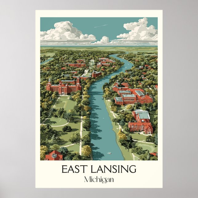 East Lansing Michigan Vintage University Campus Poster (Front)