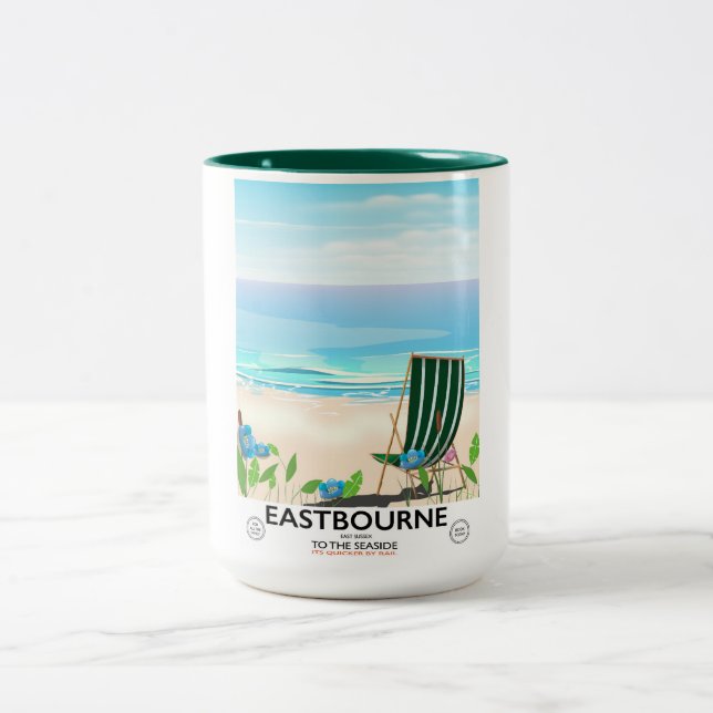 Eastbourne Beach East Sussex travel poster Two-Tone Coffee Mug (Center)