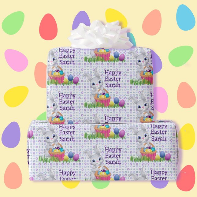 Easter Add Child's Name Cute Bunny Eggs Basket Wrapping Paper (Creator Uploaded)