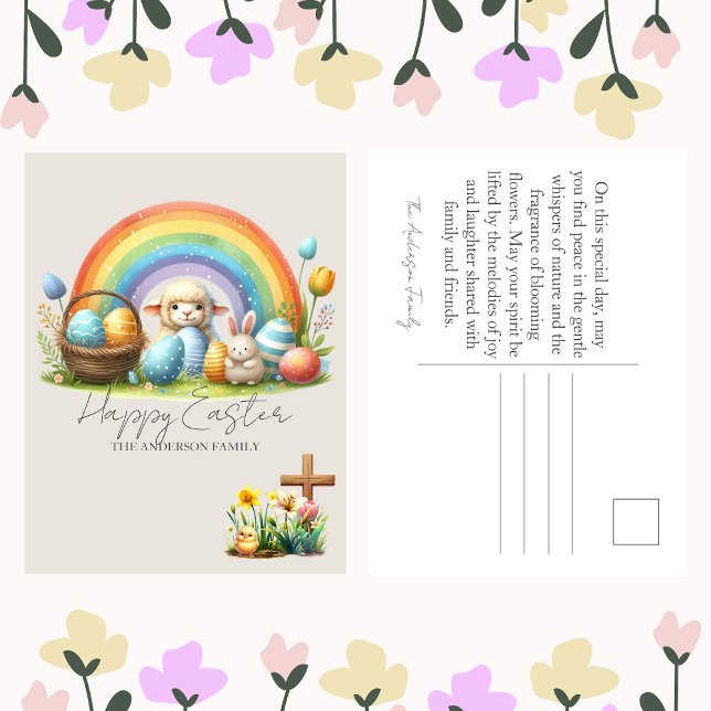 Easter Animals Rainbow Bunny Family Name Blessings Holiday Postcard (Creator Uploaded)