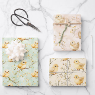 Easter Baby Chicks & Pastel Spring Blossoms Wrapping Paper Sheet