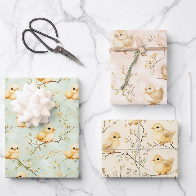 Easter Baby Chicks & Pastel Spring Blossoms  Wrapping Paper Sheet (Front)