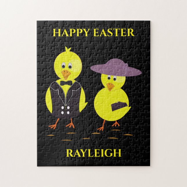 Easter baby chicks puzzle with personalised name. (Vertical)