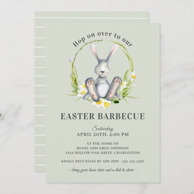 Easter Barbecue Cute Bunny Floral Invitation (Front/Back)