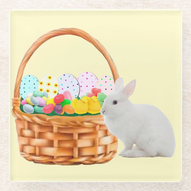 Easter Basket and Bunny Glass Coaster (Front)