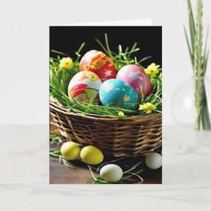Easter Basket Colourful Eggs and Flowers Holiday Card