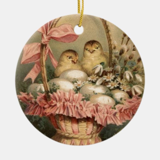 Easter Basket Egg Chick Pink Bow Ceramic Tree Decoration (Front)