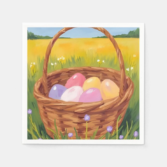 Easter Basket Egg Hunt Pastel Watercolor Napkin (Front)