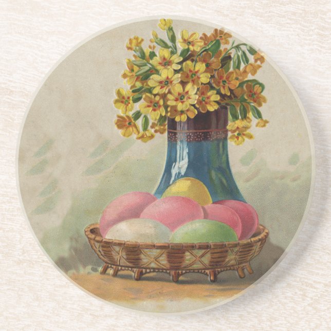 Easter Basket Eggs Flowers Antique Coaster (Front)