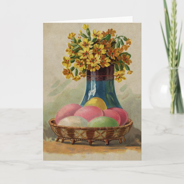 Easter Basket Eggs Flowers Antique Holiday Card (Front)